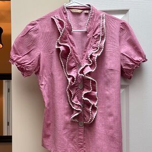 Motto Button Down Short Sleeved Top With Ruffles and Heavy Buttons Small